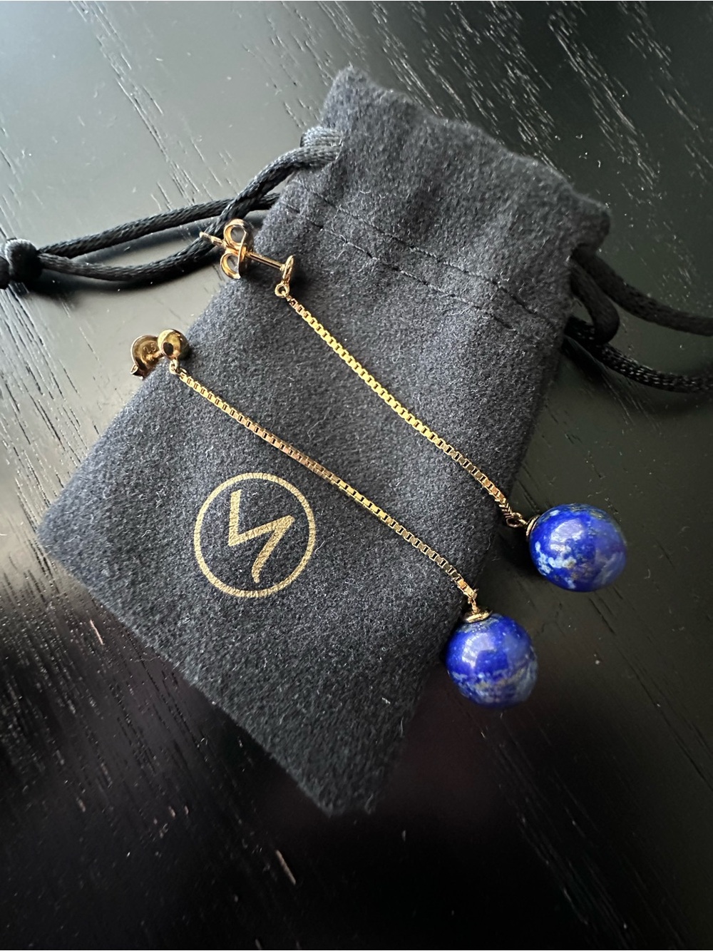 Mejuri Gold Drop Earrings with Blue Lapis Spheres, Orbit collection